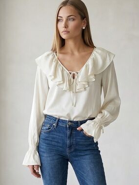 🌻NEW w/tag We Wore What Cream Ruffled V Neck Long Sleeve Romantic Blouse Size M